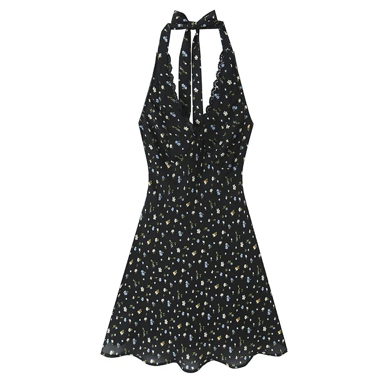 Summer Black Floral Halter Dresses