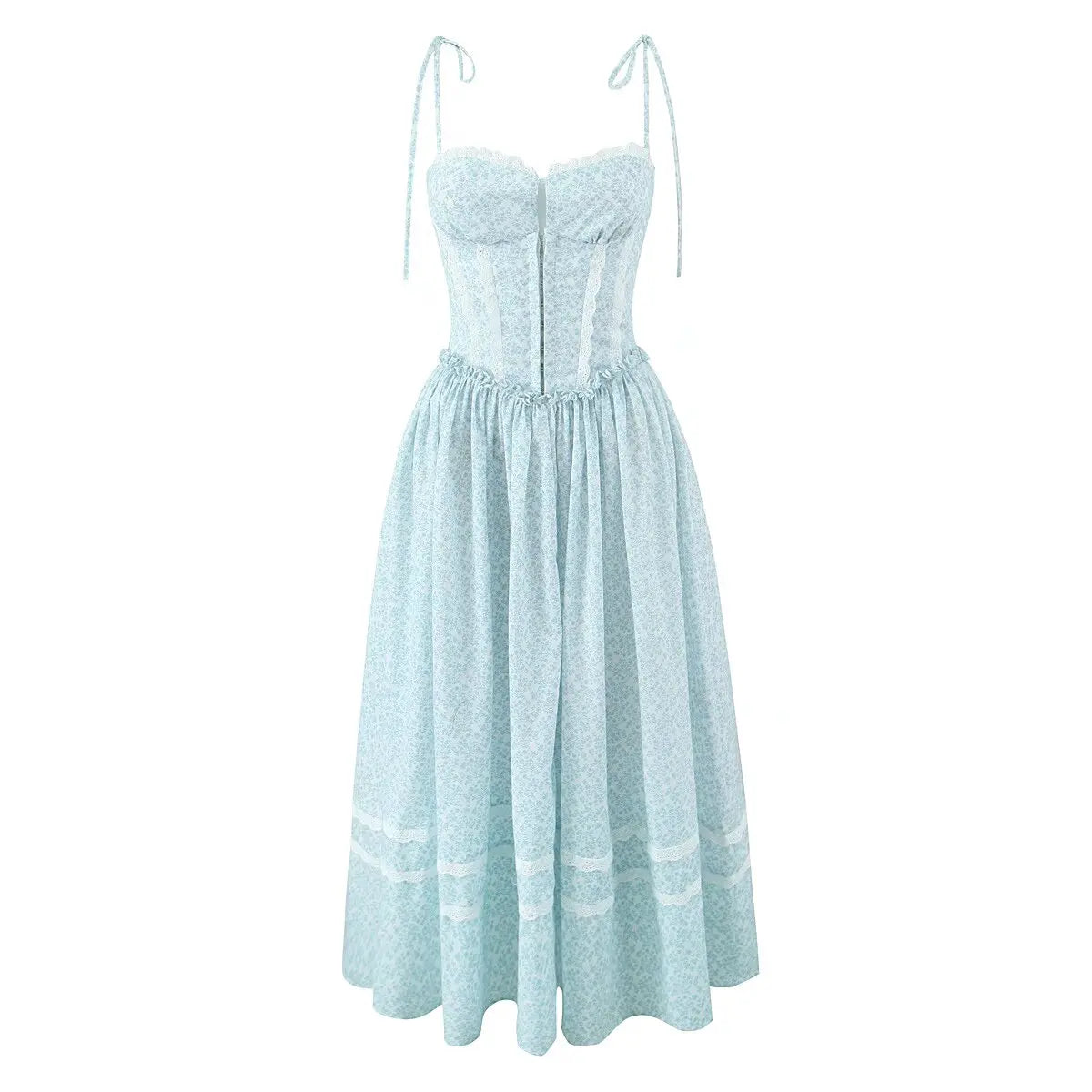 Sexy Elegant Lace Spliced Blue Floral Print Midi Long Sling Dresses Low Waist Fit And Flare Party Dresses