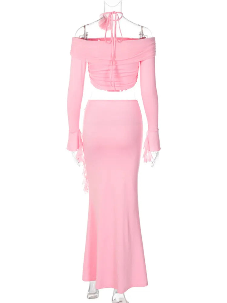 Summer Two-piece Set Sexy Strapless Long-sleeved Top With Irregular Slim-fitting Skirt 19DB2727