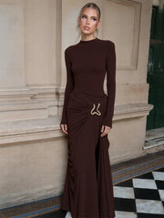 Solid Color Round Neck Long Sleeve Dresses