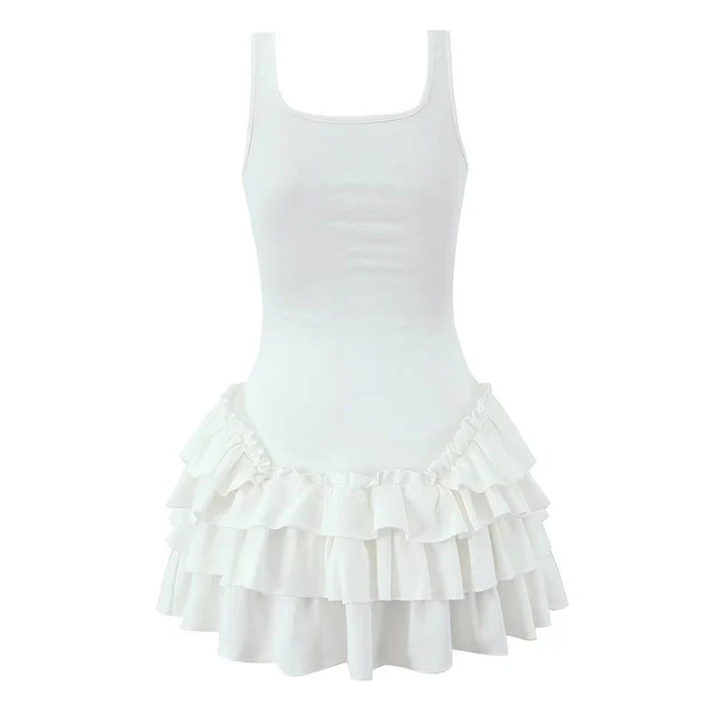 Layered Ruffle Hem White Tank Dresses