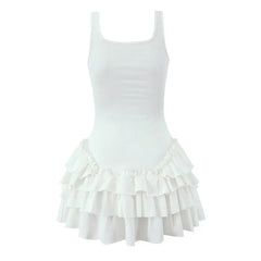 Layered Ruffle Hem White Tank Dresses