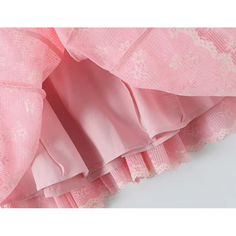 French Sweet Romantic Pink White Lace Embroidery Flower Slim Halter Mini Dresses