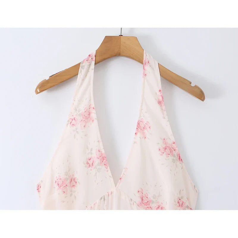 Summer Floral Print Halter Midi Dresses