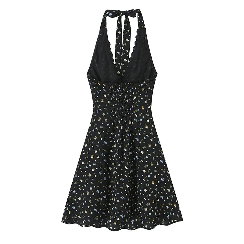 Summer Black Floral Halter Dresses