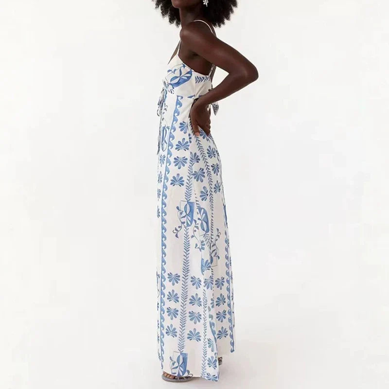 Blue Print V Neck Suspenders Summer Dresses