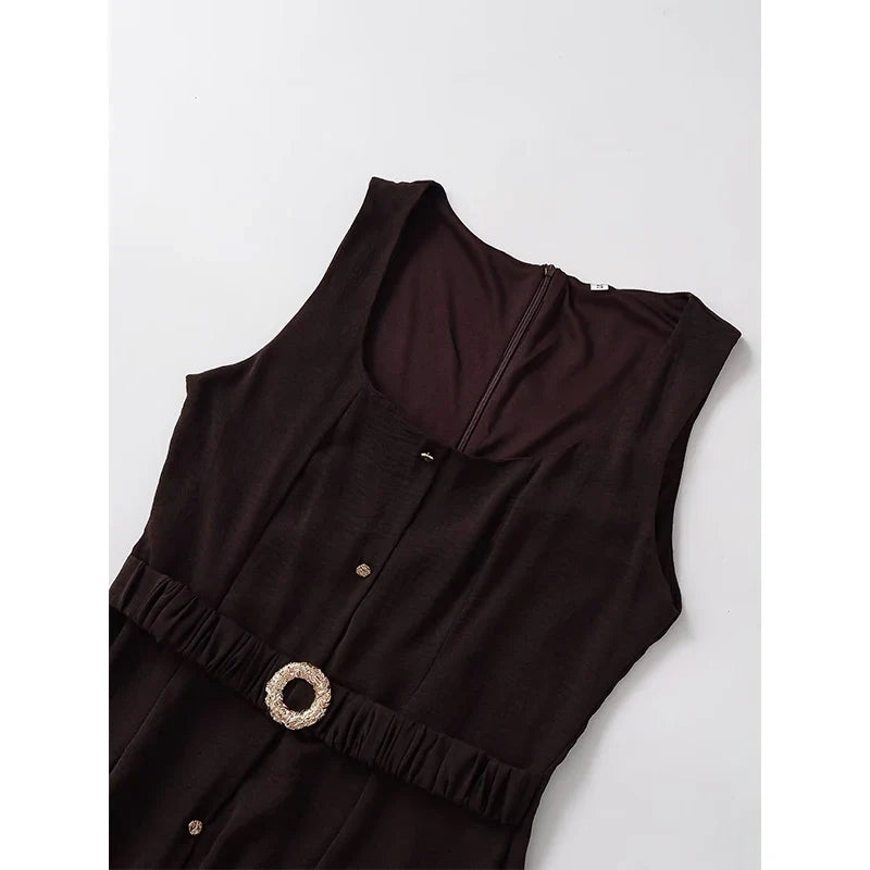 Brown With Belt Elegant Midi Long Dresses