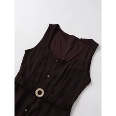 Brown With Belt Elegant Midi Long Dresses