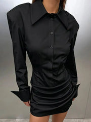Fashionable Lapel Long Sleeved Pleated Waist Dresses