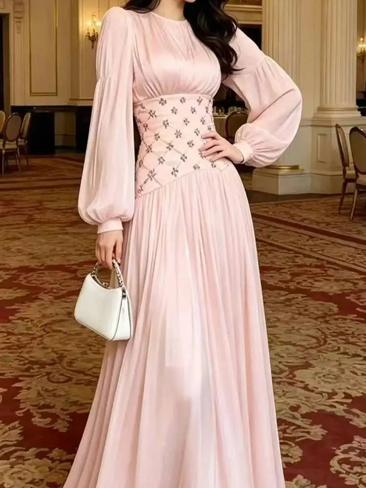 Elegant Satin Round Neck Lantern Sleeve Studded Diamond Waist Dresses