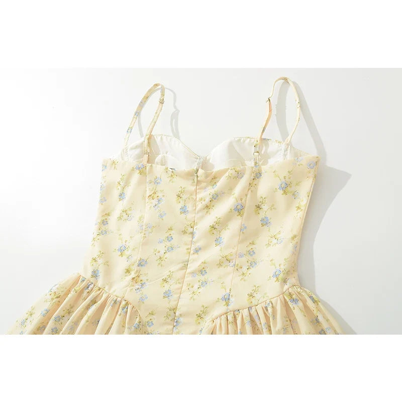 Yellow Floral Print Mini Dresses