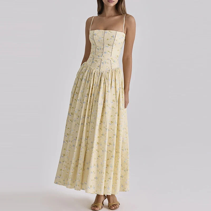 Sexy Backless High Waist Long Dresses Floral Print Camisole Summer Dresses
