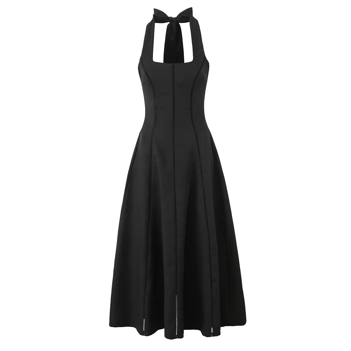 Vintage Elegant Black White Halter Midi Long Dresses A-line Slim Sexy Backless Dresses