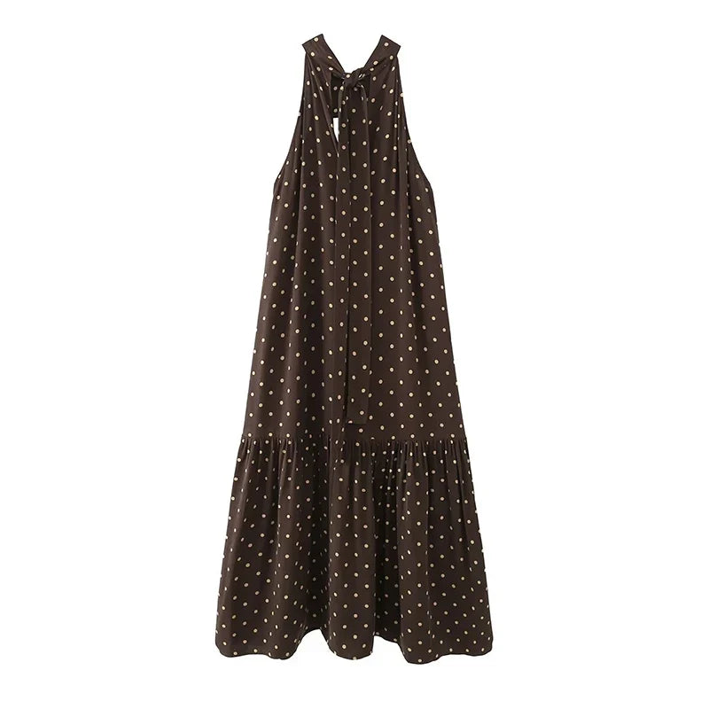 Brown Polka Dot Halter Maxi Dresses
