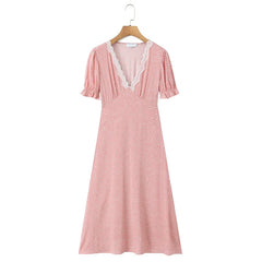 Summer French Style Lace Trim V Neck Polka Dot Dresses