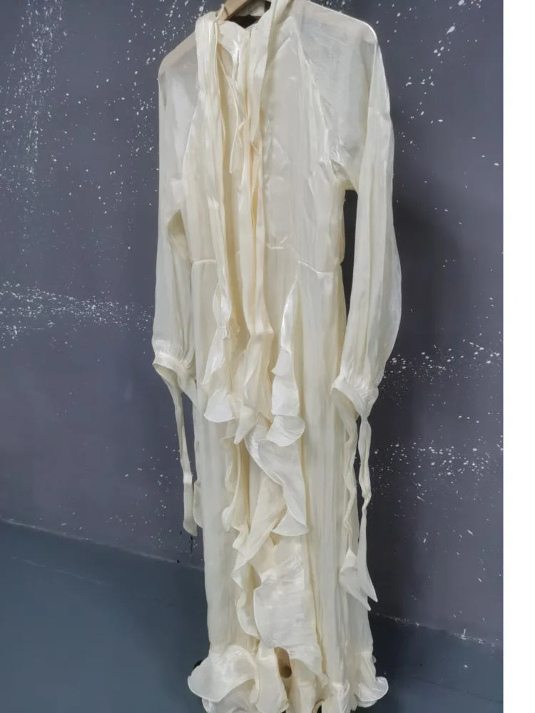 Summer Turtleneck Lantern Full Sleeves Ruffles High Waist Slim Pullover A-line Bottom Dresses