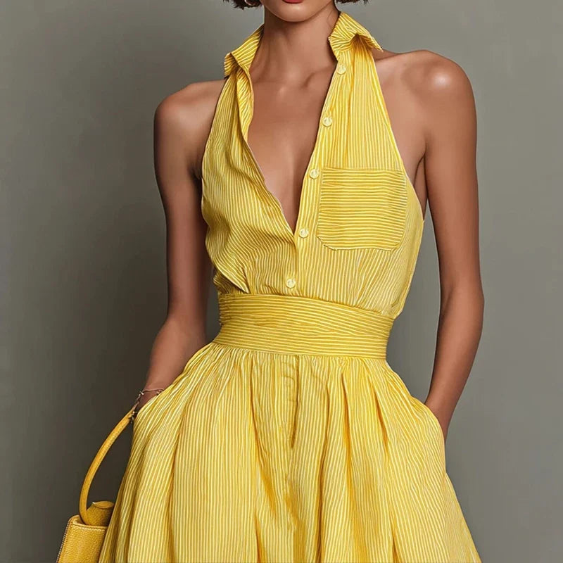 High Waist Swing Holiday Party Dresses Office Sexy Sleeveless Yellow Long Dresses