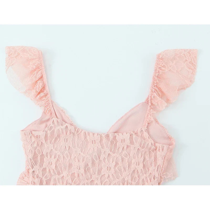 Asymmetrical Hem Pink Ruffle Lace Dresses