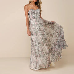 Female Casual Swing Holiday Party Dresses Strapless High Waist Pleated Bohemian Dresses