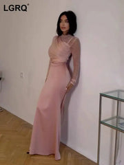 spring and autumn Sexy Bodycon Mesh Pleated Evening Dresses