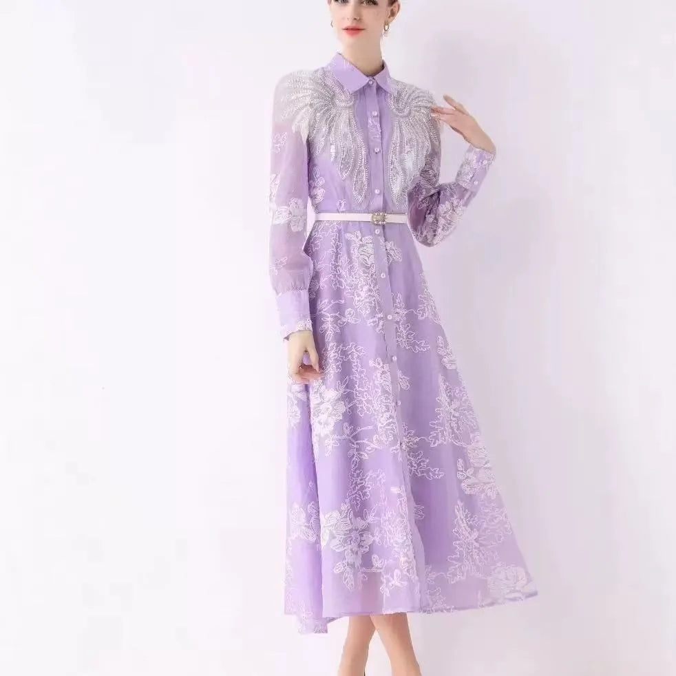 Summer Printed Lapel Long Sleeve Waist Dresses