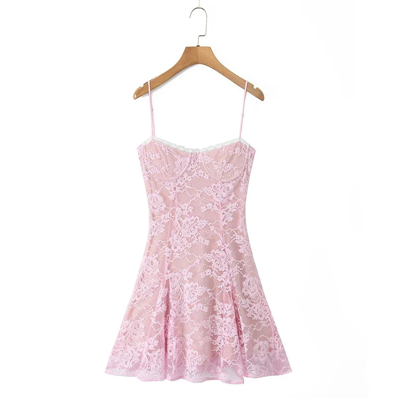 Sexy Elegant 2pcs Pink Lace Dresses Thin Straps + Long Sleeve Crop Top Christmas Party Mini Dresses