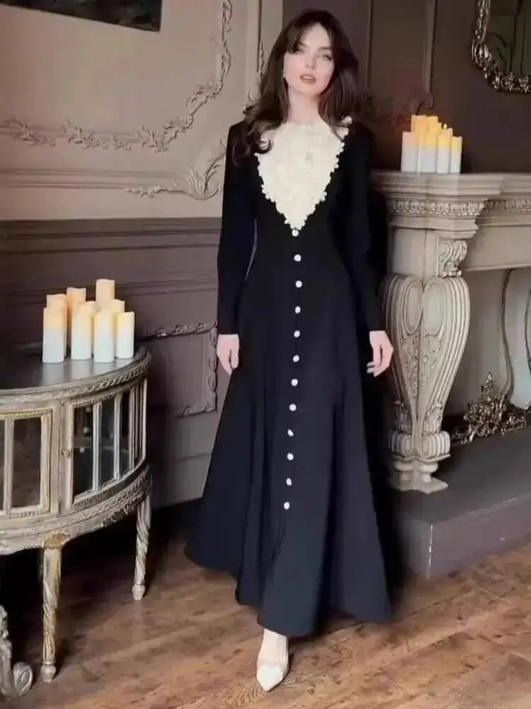 Autumn Solid Color Floral Collar Long Sleeve High Waist Elegant Dresses