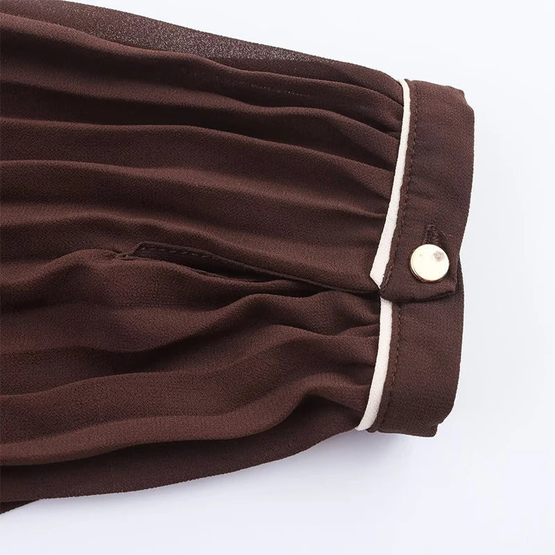 Brown With Belt Pleated Midi Dresses