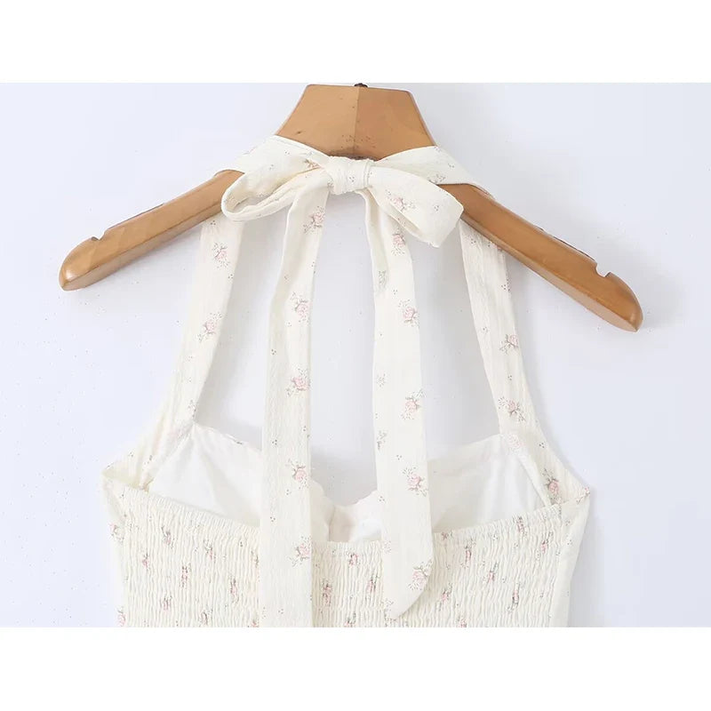 French Sweet Floral Halter Summer Mini Dresses Lace Trim A-Line Corset Party SunDresses