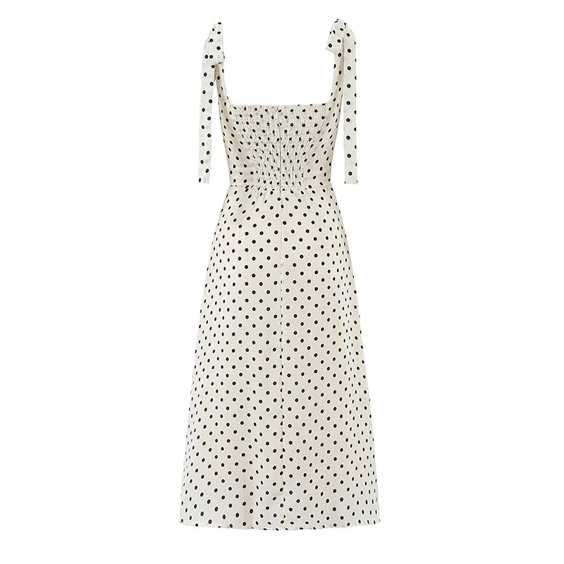 Summer Tie Strap Square Neck Polka Dot Dresses Slit Hem A-line Elegant Retro French Dresses