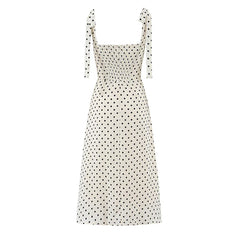 Summer Tie Strap Square Neck Polka Dot Dresses Slit Hem A-line Elegant Retro French Dresses