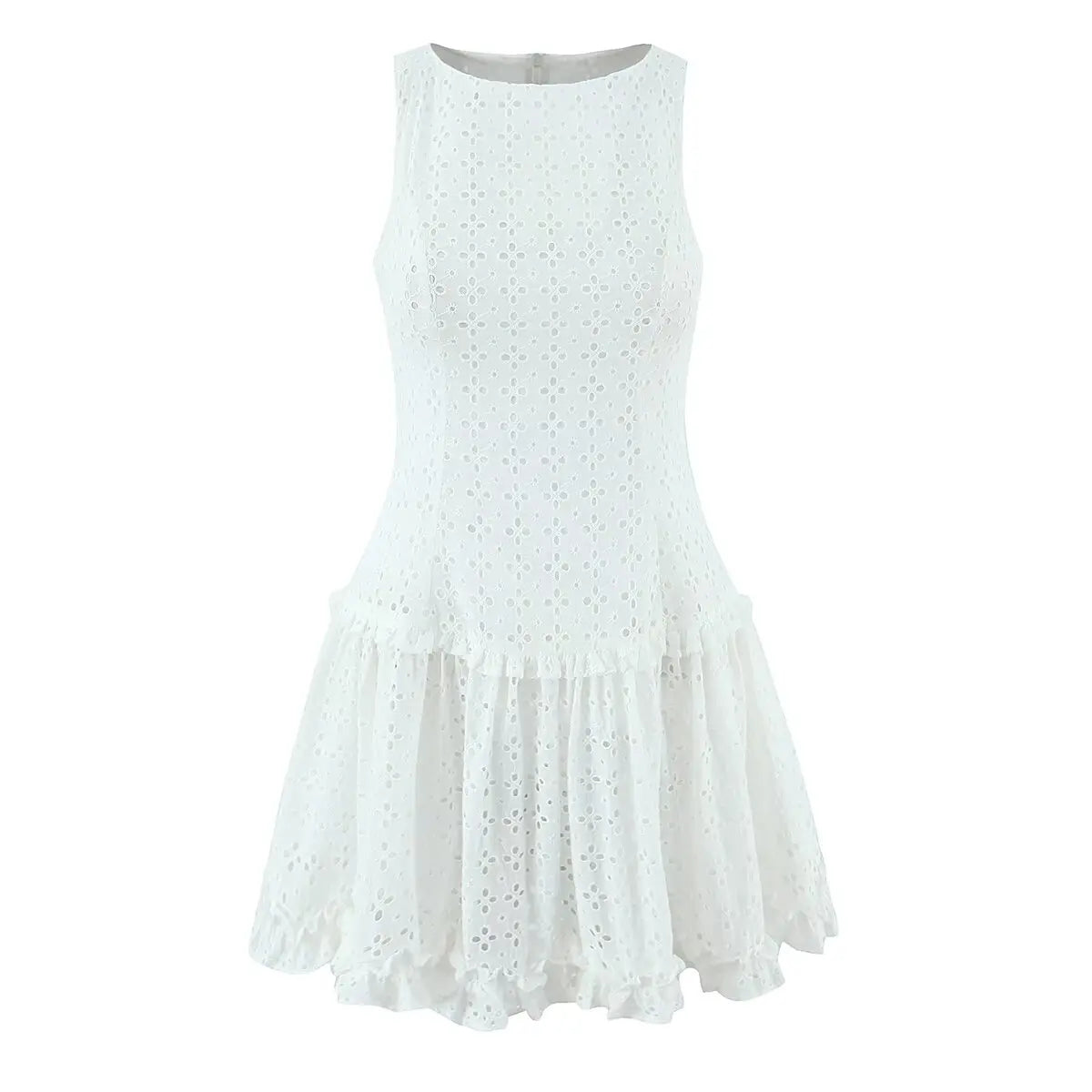 Summer Hollow Out Embroidery White Sleeveless Dresses