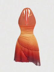 Gradient Bow Tie Strap Asymmetrical Backless Spaghetti Strap Dress