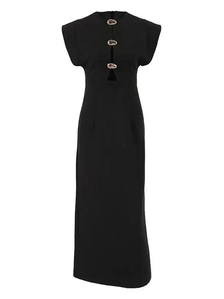 Fashionable Round Neck Sleeveless Waist Cinched Slim Fit Mid Length Dresses