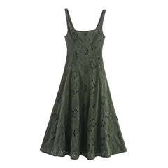 Summer Hollow Out Embroidery Midi Dresses Round Neck Wide Straps A-line Holiday Casual Dresses