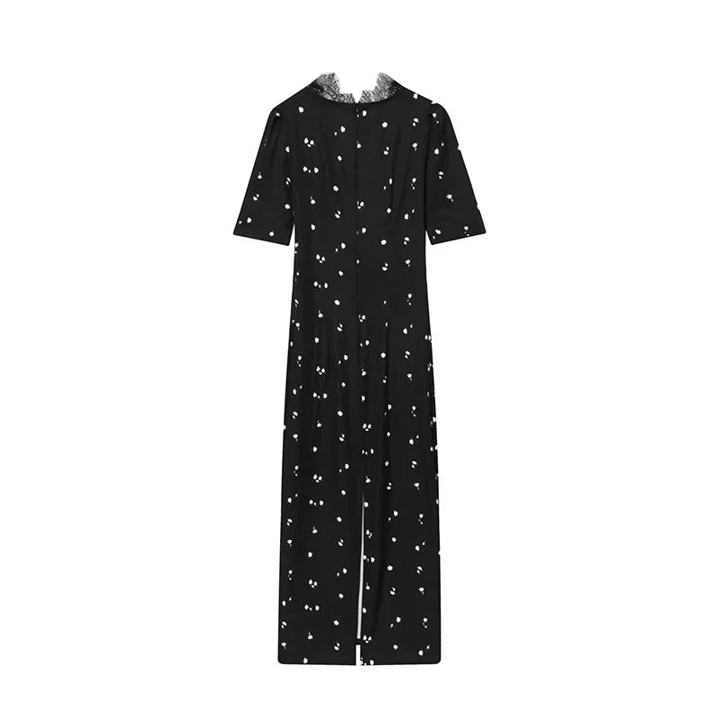 European And American Sexy Lace Trim Printed V Neck Short Sleeve Dresses