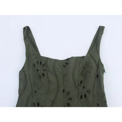 Summer Hollow Out Embroidery Midi Dresses Round Neck Wide Straps A-line Holiday Casual Dresses