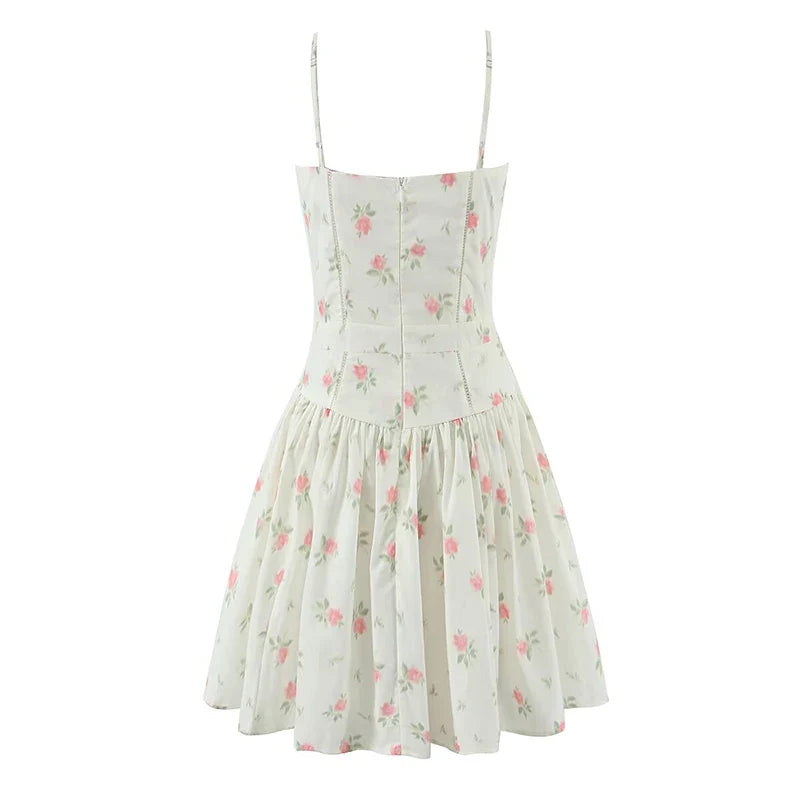 Sexy Spaghetti Straps Floral Print Mini Dresses Low Waist A-line Summer Vacation Party Robe