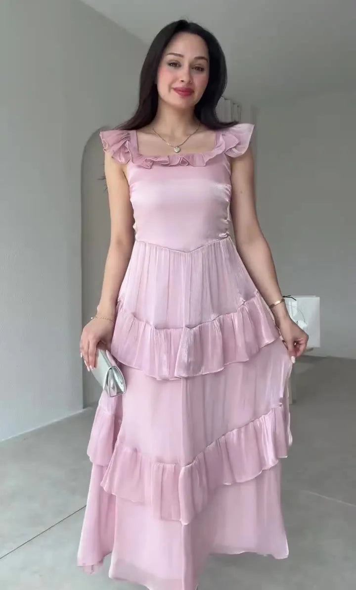 Sweet Square Neck Sleeveless Ruffle Edge Layered Spliced Waist Cinching Dresses