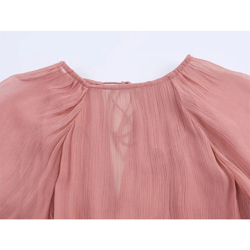 French Style Lace Up O Neck Flared Sleeve Ruffle Dresses