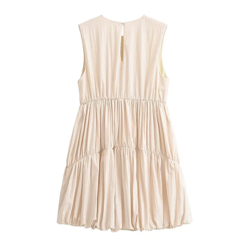 Arrival Casual Sleeveless Tiered Gathered Waist Bubble Hem Mini Dresses