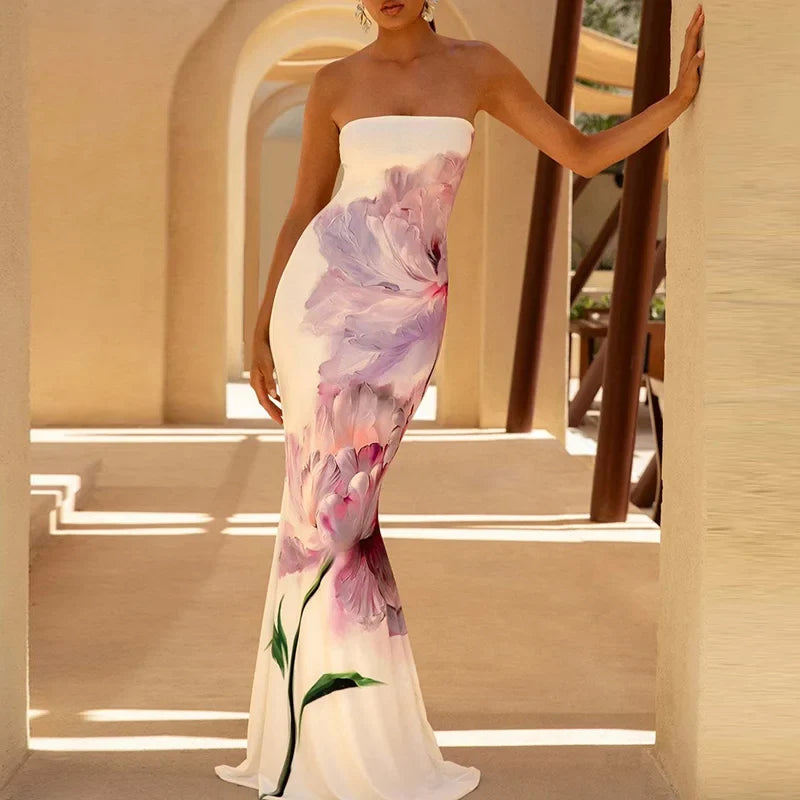 Sexy Tube Top Floral Printed One-piece Robes Summer Casual Off Shoulder Sleeveless Party Dresses