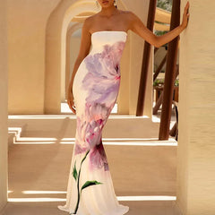 Sexy Tube Top Floral Printed One-piece Robes Summer Casual Off Shoulder Sleeveless Party Dresses