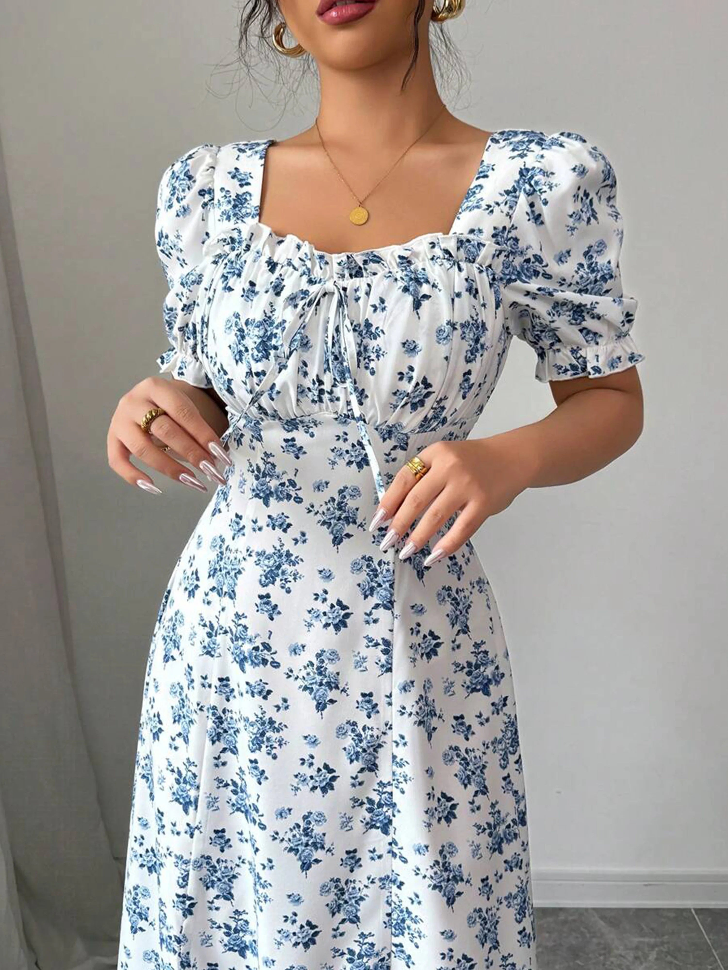 Summer Elegant Casual Puff Sleeve Square Neck White & Blue Floral Print Maxi Dresses