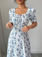 Summer Elegant Casual Puff Sleeve Square Neck White & Blue Floral Print Maxi Dresses