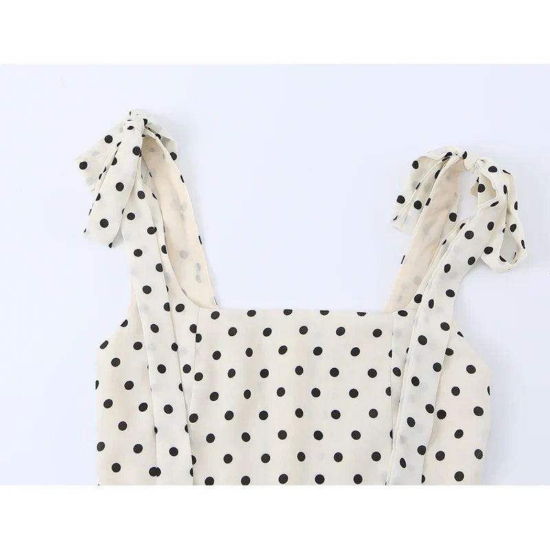 Summer Tie Strap Square Neck Polka Dot Dresses Slit Hem A-line Elegant Retro French Dresses