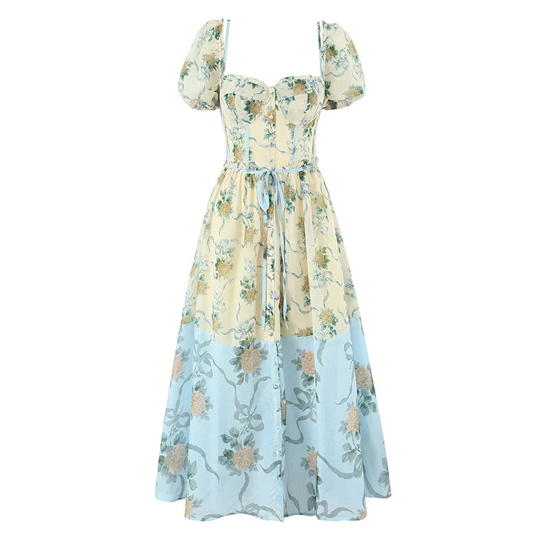Patchwork Floral Print Boho Summer Dresses Vintage Puff Sleeve A-line Midi Chiffon Dresses