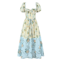 Patchwork Floral Print Boho Summer Dresses Vintage Puff Sleeve A-line Midi Chiffon Dresses