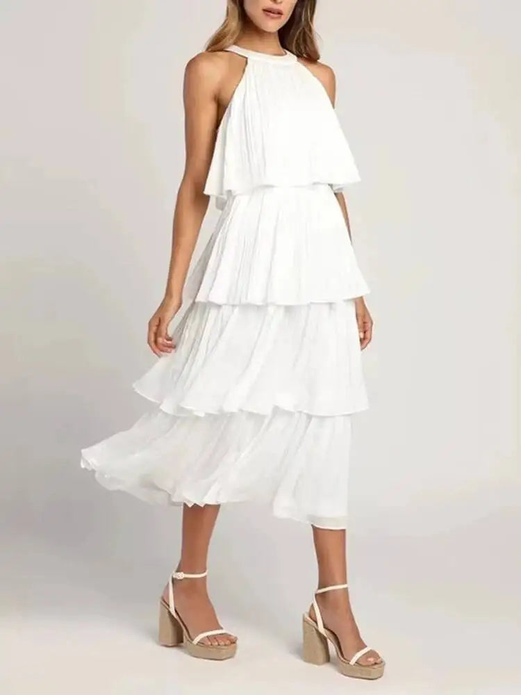 Summer Halter Neck Sleeveless Chiffon Ruffle Elegant Dresses