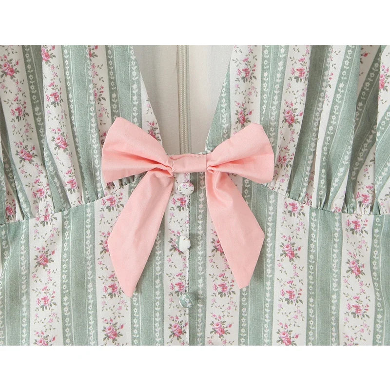 Green Striped Floral Print Summer Dresses Bow V Neck Short Sleeve A-line Mini Dresses Lady Vacation Robe